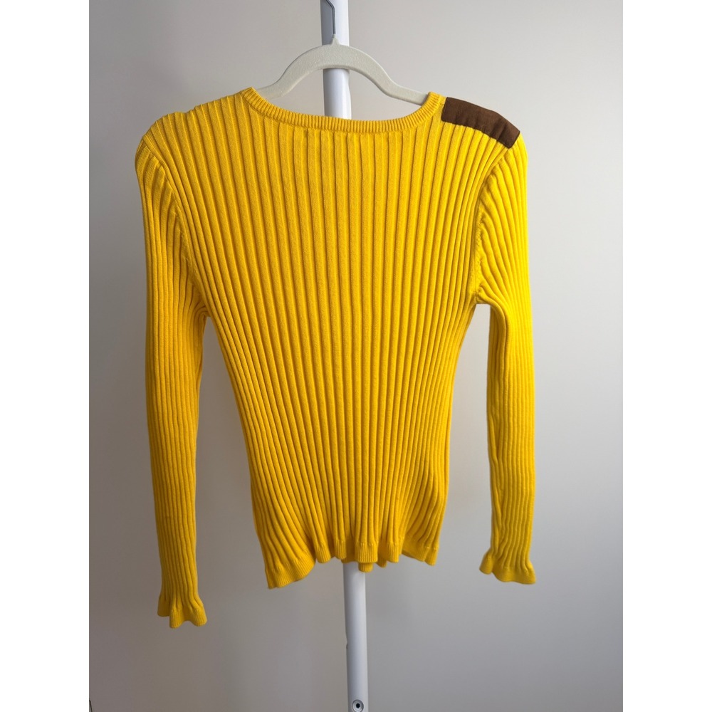 Lauren Ralph Lauren Yellow Ribbed Sweater Suede Shoulder Patch Gold Buttons L - Picture 6 of 6